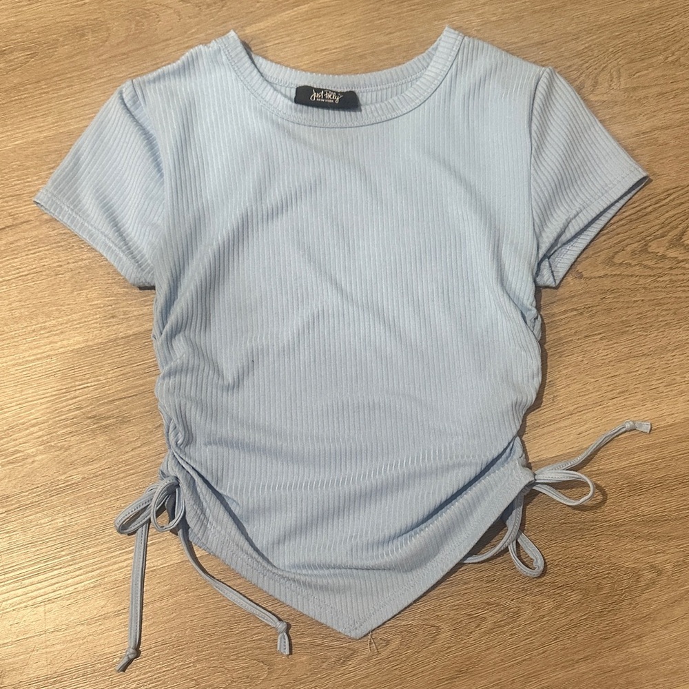 Light Blue Ribbed Short Sleeve Tee with Side Ties